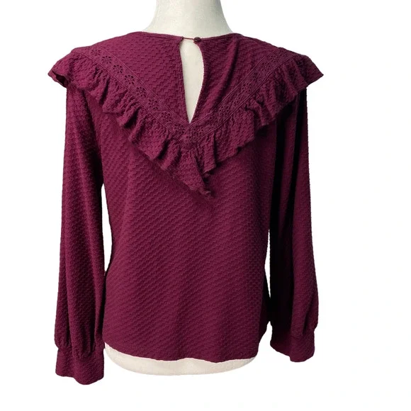 J.Crew Womens Sz Small Round Neck Ruffle Trim Honeycomb Top Long Sleeve - Picture 3 of 5
